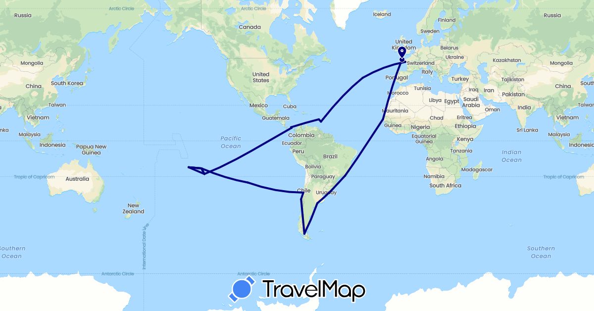 TravelMap itinerary: driving in Argentina, Barbados, Brazil, Chile, France, Panama, Portugal, Senegal (Africa, Europe, North America, South America)